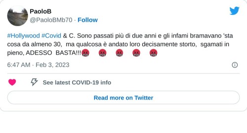 #Hollywood #Covid & C. Sono passati più di due anni e gli infami bramavano 'sta cosa da almeno 30, ma qualcosa è andato loro decisamente storto, sgamati in pieno, ADESSO BASTA!!!🤬🔥🤬🔥🤬🔥🤬🔥🤬🔥  — PaoloB (@PaoloBMb70) February 3, 2023