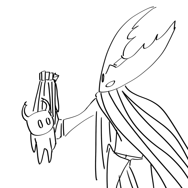 The Hollow Knight holding Ghost up several feet in the air by their cloak. They look at each other blankly.