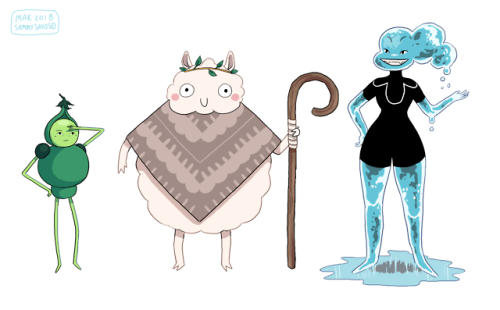 here’s a lineup of the main three characters i worked on from my class! in order: peatrice, the god 