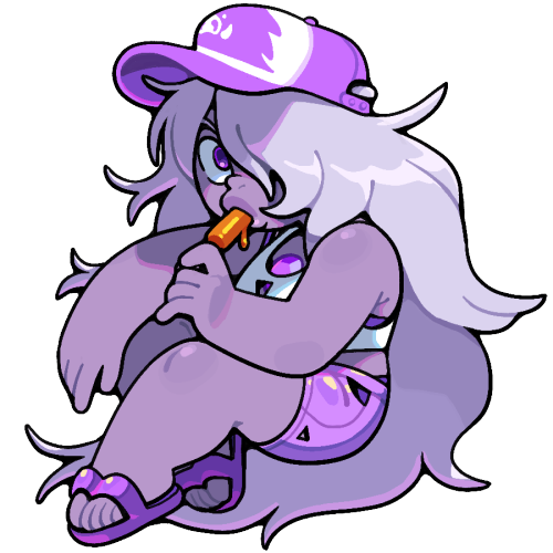 Amethyst wearing a baseball-hat with a cartoonish boar on it, as well as a tank top, shorts, and flip-flops, lounging while eating a popsicle.