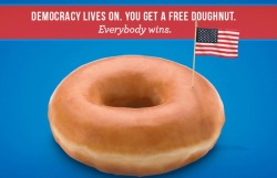 sales-aholic: Krispy Kreme is offering a free donut on November 8th for anyone who votes! Simply show your voting sticker or simply mention the offer (if you voted by mail, absentee, or early). No coupon or purchase necessary. Be sure to head here for