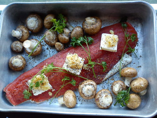 thenarcolpetica:  Dilled Butter Salmon and Baby Portabellas on Rice Continuing my mushroom kick for the month. Put salmon fillet and baby portabella mushrooms in baking pan and top fillet with a few pats of butter, some diced garlic, dried dill seed or