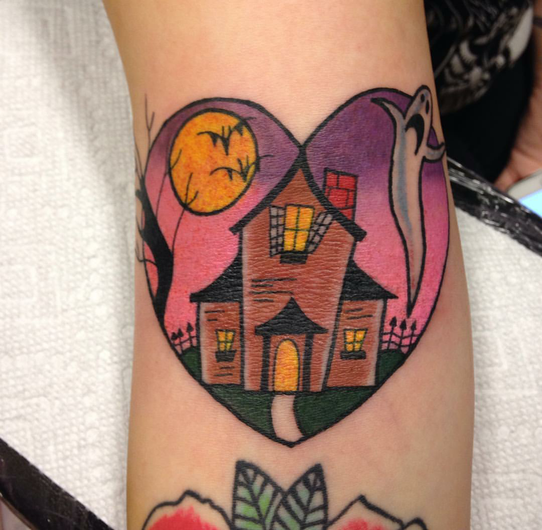 25 Traditional Haunted House Tattoo