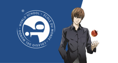 an edited picture of light yagami in front of a flag with the International Baccalaureate program symbol on it and the blue and white colors of IB