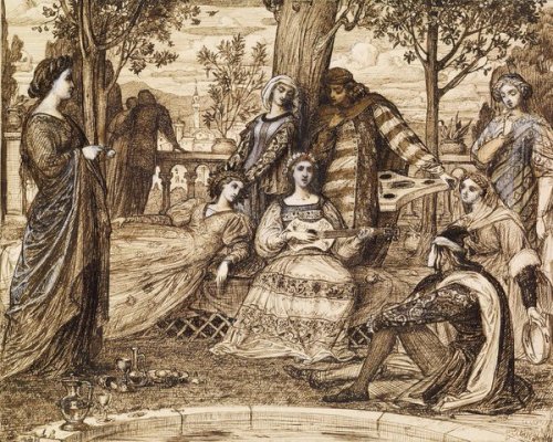 Art by Sir Edward John Poynter (1859). It is the Garden Scene from the introduction of The Decamero