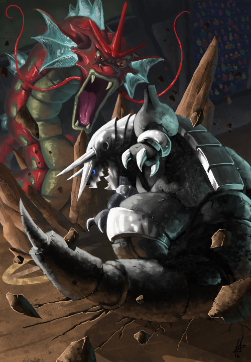 gigan91:This is the most recent of my finished illustrations, Aggron vs Gyarados in an epic Pokemon 