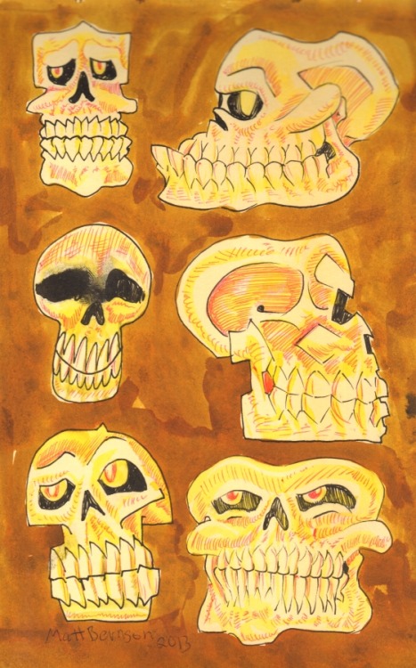 Skulls, skulls!  And MORE skulls!   Yeah, this was what I was doing covertly while the whole “inktober” thing went down. Ink and/or watercolor on paper, 5"x8", Matt Bernson 2013