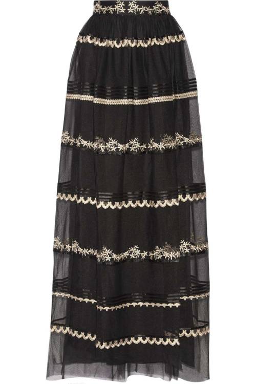 Almas Satin-Trimmed Embroidered Tulle Maxi Skirt, Temperley London, Black, Women’s, Size: 8Sea