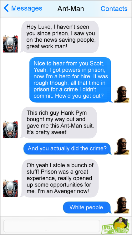 thisisevak:  meatfighter:  king-emare:  fromsuperheroes:  Texts From Superheroes: Best of Luke Cage (No spoilers) Want more great Luke Cage content? Subscribe to our podcast, Talk From Superheroes, and hear the creators of Texts From Superheroes review