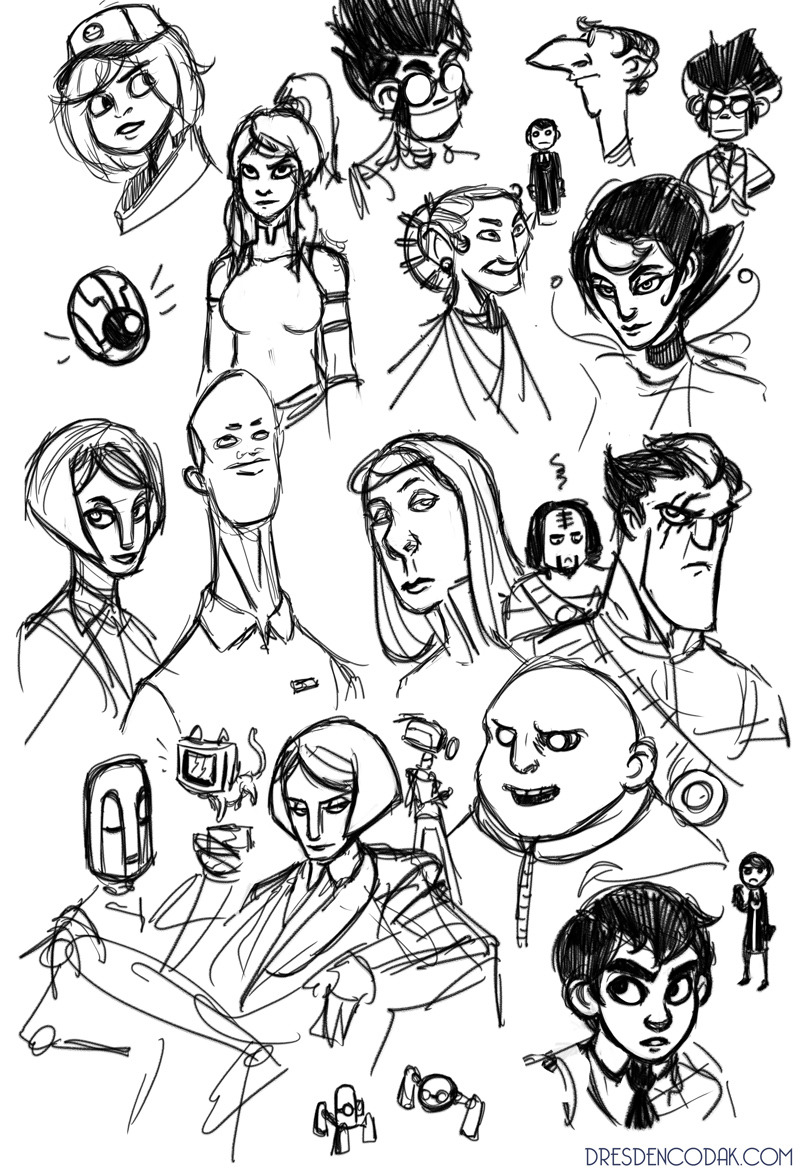 Sketches from the livestream, mostly existing or upcoming characters from Dark Science. Also Korra for some reason.