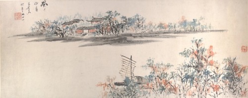 XU GU. 清 虛谷 秋帆圖 冊頁 (Sailing in Autumn), 1893, album leaf - ink and color on paper.