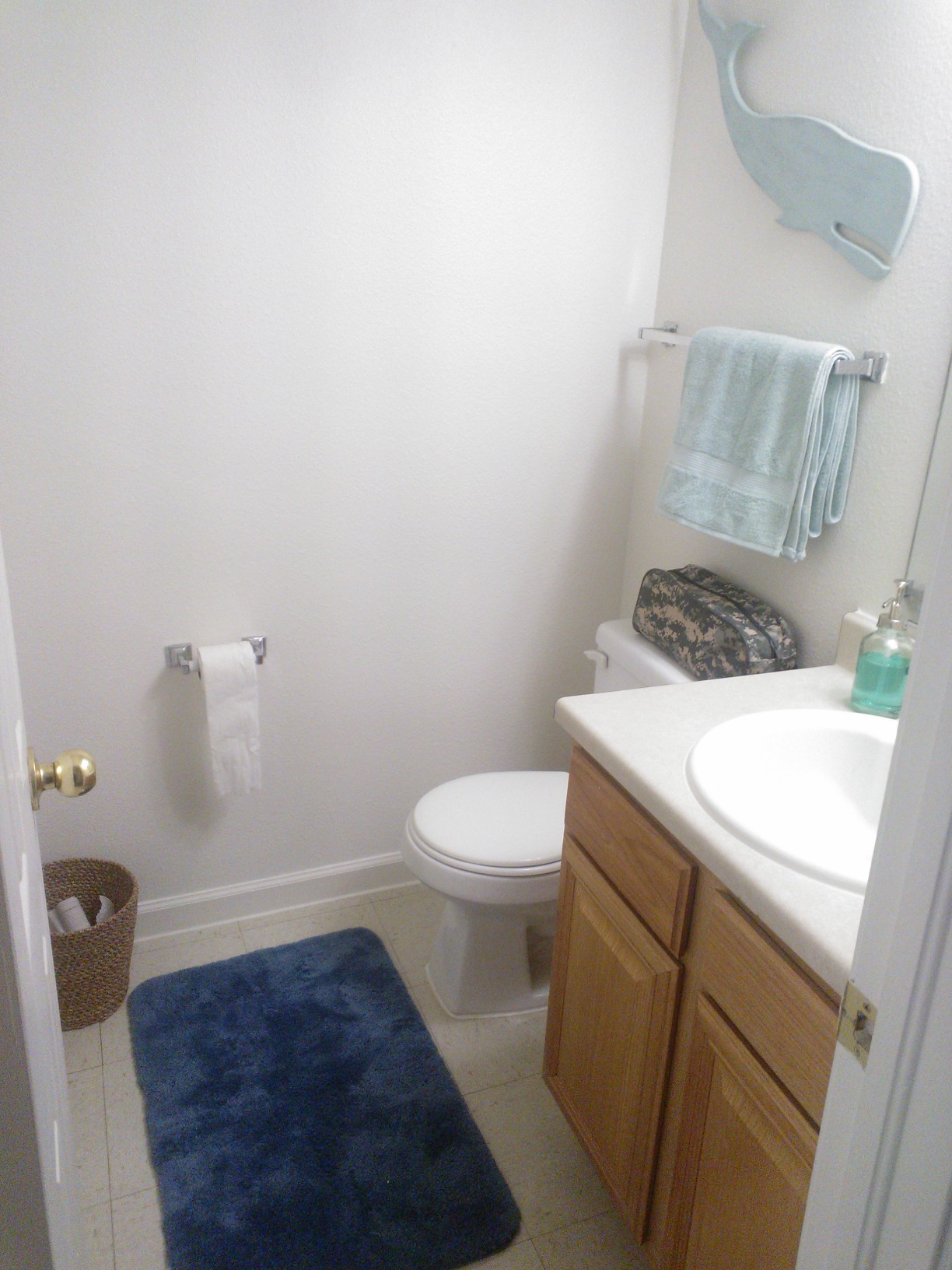 Look how pretty my downstairs bathroom looks now :) Got a new towel, floor mat, trash