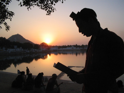 Israeli backpacker wearing Tefillin, at the Chabad house in Pushkar, India. xChabad - which is a Heb