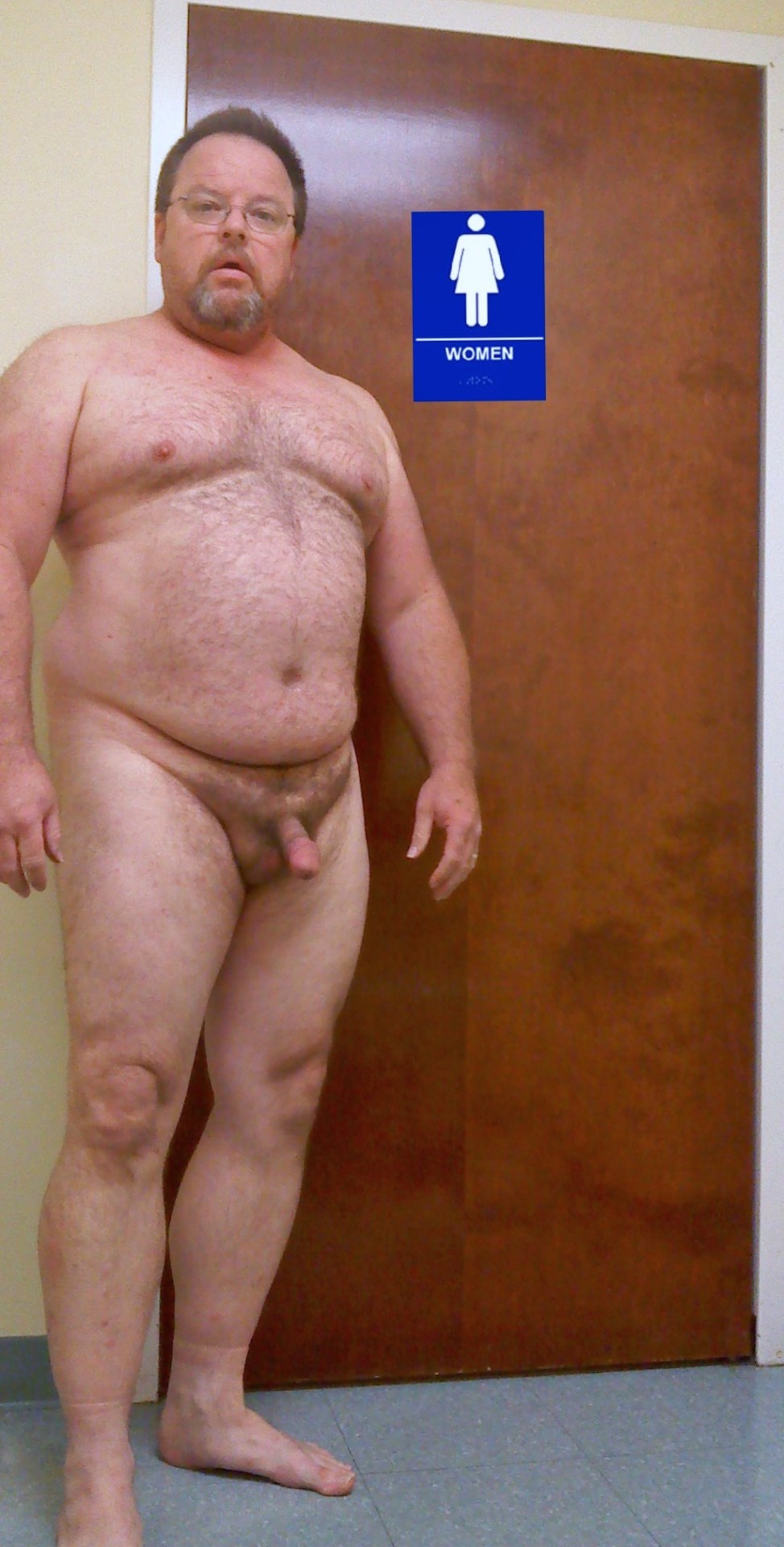 thereal-bretmanley:  Bret Manley Nude in front of Womens  Restroom Door at Work 