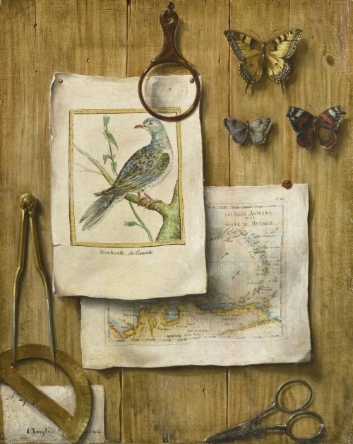 clawmarks:A trompe l’oeil with magifying glass, butterflies, cartographic instruments, a map, and pr