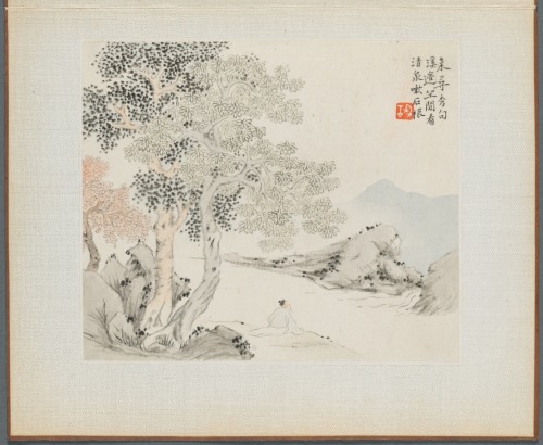 Album of Landscape Paintings Illustrating Old Poems: Three Big Trees, a Stream with an Old Man Sitti