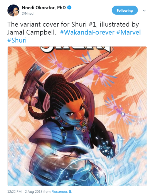 Nnedi Okorafor, PhD: “The variant cover for Shuri #1, illustrated by Jamal Campbell.  #WakandaForeve