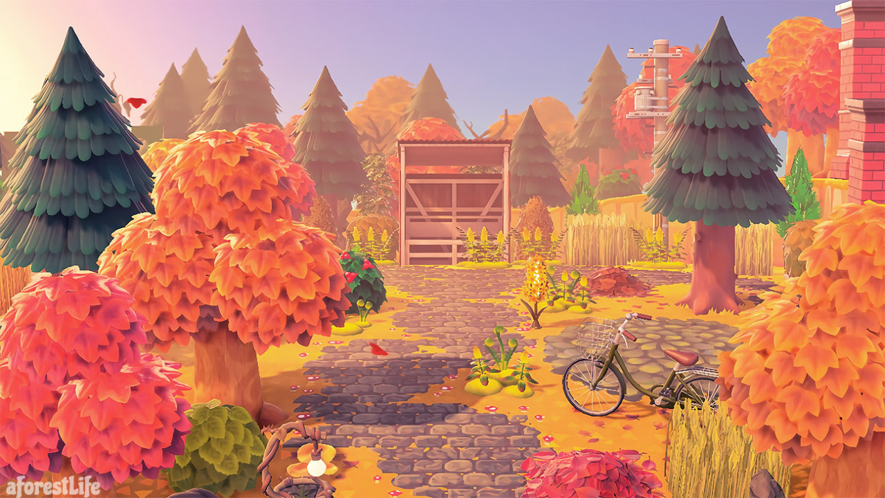 a small towns bus stop #acnh#animal crossing#acnh island#acnh autumn#acnh design#acnh build#acnh exterior#amys screenshots#fawnhollow#autumn#afternoon #this is my entrance for fawnhollow! I love this pic of it sm