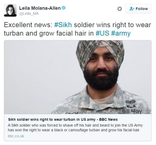 nevaehtyler:    Sikhs have been serving in the U.S. military since World War I, but they were prohibited to wear their traditional turban and beard in the 1980’s. However, Captain Simratpal Singh changed that by winning the right to wear a black or