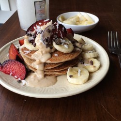 pressing:  gudda:  themilkywhiteway:  Vegan buckwheat pancakes with banana, plum, shredded coconut, cacao nibs and a salted pb sauce   THESE LOOK SO GOOD RIGHT NOW  ♡♡