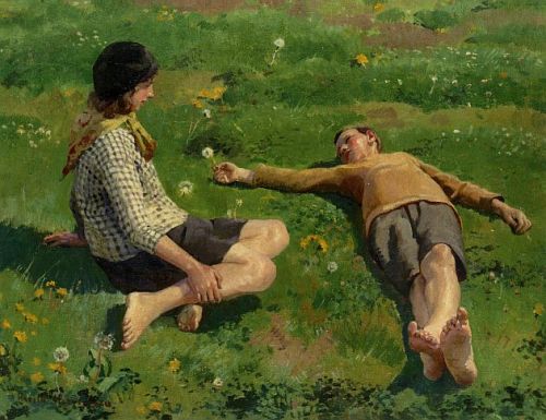 Cornish Children (1920) by Harold Harvey (1874-1941). Private Collection. Cornwall is in Britain&rsq