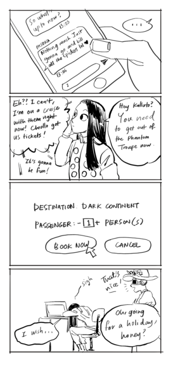 To celebrate HiatusxHiatus, I did badly drawn comic strips for brother of the year, Illumi. 