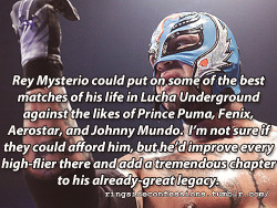 ringsideconfessions:  “Rey Mysterio could put on some of the best matches of his life in Lucha Underground against the likes of Prince Puma, Fenix, Aerostar, and Johnny Mundo.  I’m not sure if they could afford him, but he’d improve every high-flier