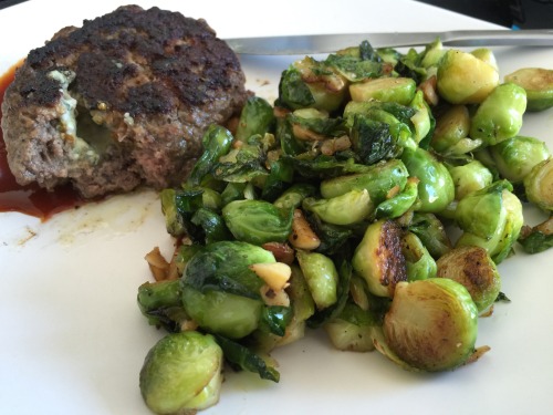 quick lunch, curry stuffed gorgonzola grass fed burger with garlic butter brussels sprouts