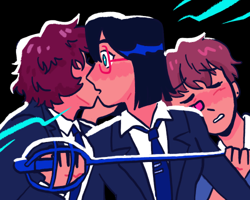 Redraw of Ryujin Kang, Sayeon Lee, and Jaeil Kim from “Hand Jumper” as the iconic photo from the 2009 production of “Twelfth Night” featuring Olivia, Viola, and Duke Orsino. Ryujin cups Sayeon’s cheek in one hand and pulls her into an open-mouthed kiss. She has one hand on the hilt of a rapier of blue essence drawn across Sayeon’s chest. Sayeon’s eyes are wide in surprise and glow teal with essence, matching flickers of power darting from her head. Both girls wear Corps uniforms with blue ties. Jaeil leans against Sayeon’s other side, resting his cheek against her shoulder with a close-eyed, pained expression, and holds the blade of the rapier.