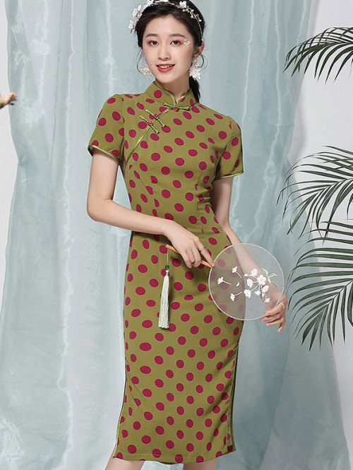 Green Dots Midi Modern Qipao / Cheongsam Dress