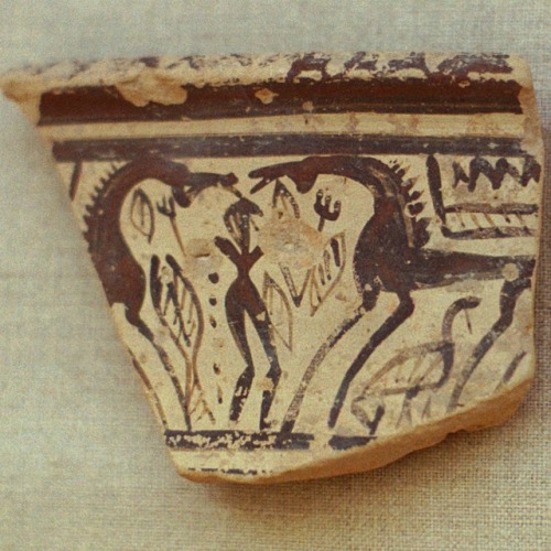 Fragment of Greek Geometric pottery, showing a female figure (perhaps a priestess or deity) holding 