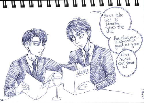 renoidan-sketchbook:Eren and Levi at a restaurant