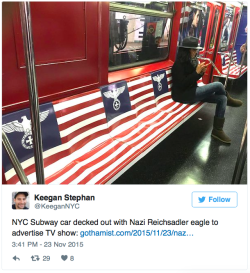 aquemimi:  sugarmacaron:  micdotcom:  Nazi symbols cover NYC subway train Manhattan’s S train has been turned into the SS train, and many straphangers are pissed. Train seats on one side of the subway car feature the stylized fascist version of the