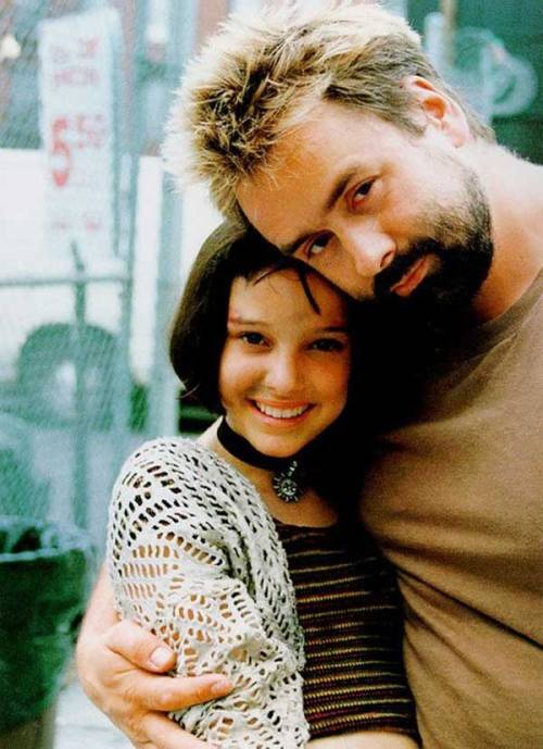 Natalie Portman and Luc Besson on the set of Léon (1994)