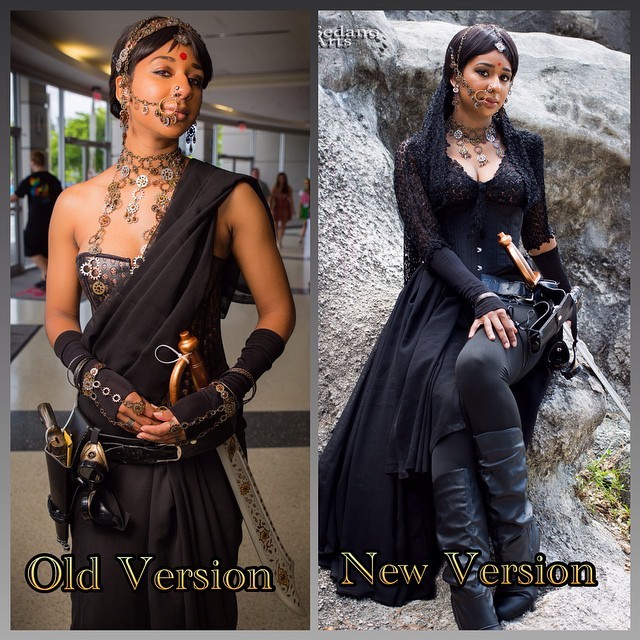 Here a side by side look on my update Bollywood Steampunk Cosplay. I feel that this is a more suitable fighting/ travel wear for my character #cosplay #costume #steampunk #bollywood #indian #india #steampunkart #steampunkcostume #steampunkcosplay