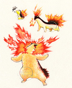 gracekraft: Second of the starters for the Johtodex project: the Cyndaquil line!   Quilava’s always been my personal favorite of the three because it is so darn cool looking with that fire mohawk.  But I also love timid little Cyndaquil and the explosive