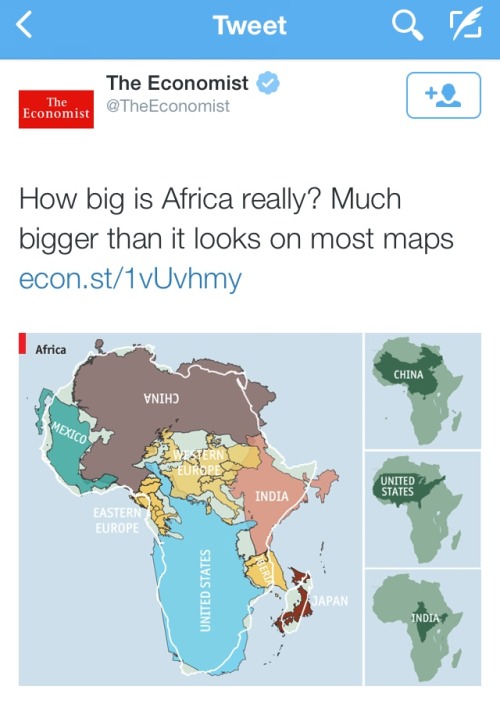 neil-gaiman:  youaintpunk:  sarajevomoja:  talk about perspective. shit.  Fucking hell.  I remember the first time I saw a map of Africa to scale. My jaw dropped. 