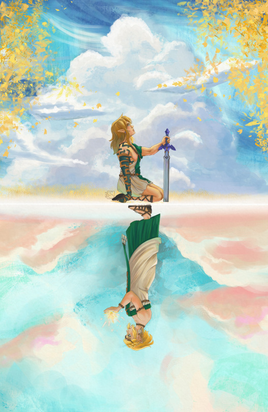 Fanart of the Legend of Zelda Tears of the Kingdom. Link is sitting on his knees, his borrowed right arm hanging to his side while his left hand tightly grips the master sword. He's looking up into the sky thoughtfully. Zelda is on the reverse side of him like a reflection, standing upright and looking down at the secret stone in her hands. Her expression is serious and a little sad.
