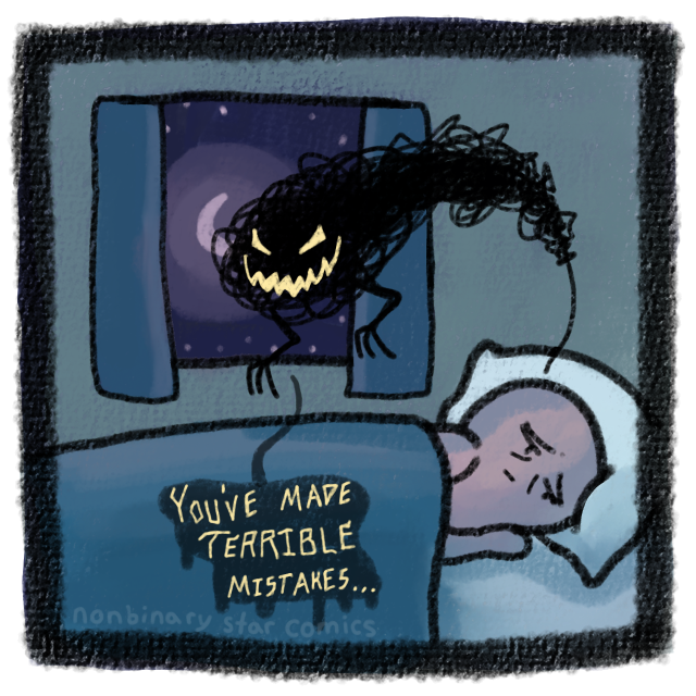 Fourth of 7 panels. The scibble's face now appears as glowing yellow eyes and a glowing poiny smile like a jack-o-lantern. Its speech bubble is like oozing dark ink with bright yellow crooked text. "You've made TERRIBLE mistakes" the scribble says to the figure.