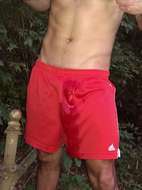 wetcanadianjocks:  Does red hide the fact that I am flooding my shorts? 
