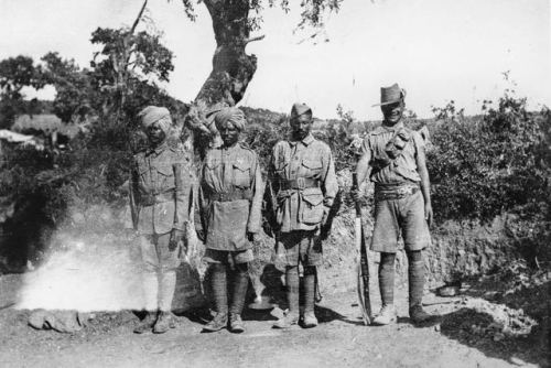 Three Indian soldier and a Gurkha at Gallipoli, April 25th, 1915, World War I.