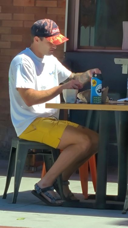 Yellow Shorts, bleach dye hat &amp; friend