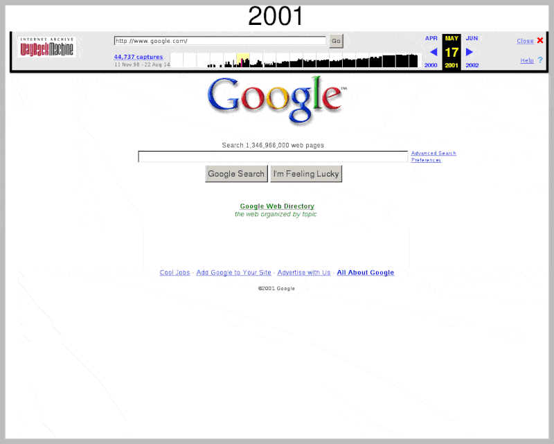 What Did http://www.google.com.ar Look Like From 2001 To 2014?
Links:
2001: http://web.archive.org/web/20010517233821/http://www.google.com.ar/
2002: http://web.archive.org/web/20020524232524/http://www.google.com.ar/
2003:...