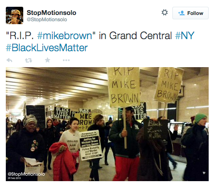 revolutionarykoolaid:Today in Solidarity (2/9/15): Protesters in New York City demonstrated for Mike Brown on the 6-month anniversary of his death at the hands of former Ferguson police officer Darren Wilson. Rest in power, Mike. #staywoke #farfromover