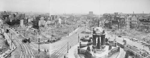 Air raid damage at Liverpool (c.1942).  Victoria Monument is in the foreground, and the burned-out s