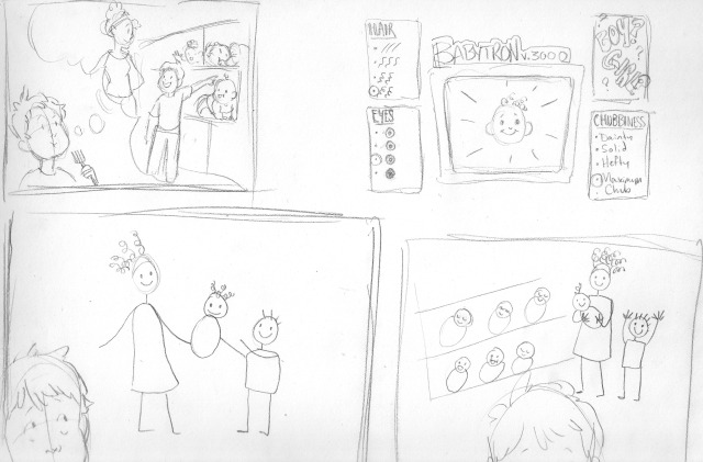 A series of pencil thumbnails all showing, in different ways, a young boy imagining picking out a baby from the store.