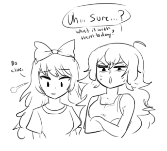 silly monochrome scenario where weiss starts to realize shes having feelings for blake and doesnt know how to handle them. then one day blake and yang go out to hang in town or w/e but weiss gets suspicious so she drags ruby along to investigate