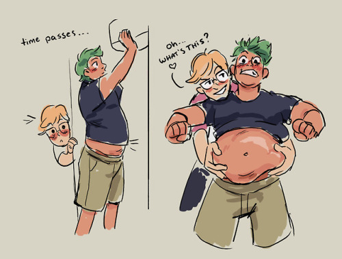 thicc-wired:mint haired boy gets discovered as lover of the fatness; blond boy does the same