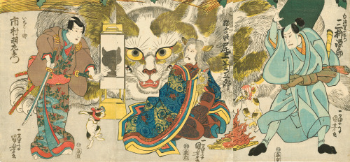 geritsel:  Utagawa Kuniyoshi - The Story of Nippondaemon and the Cat (1835), color woodblock print triptych