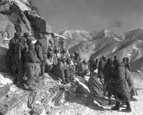 Chinese prisoners of war, captured by American troops in northern Korea near the Chosin Reservoir, 1